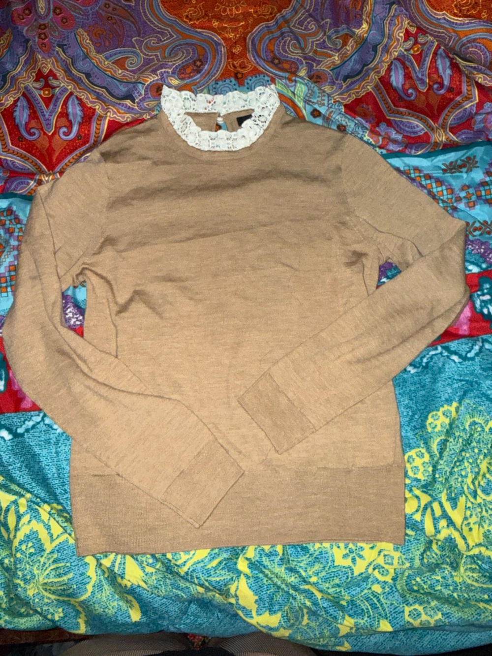 J. Crew Camel Sweater with White Lace Collar
